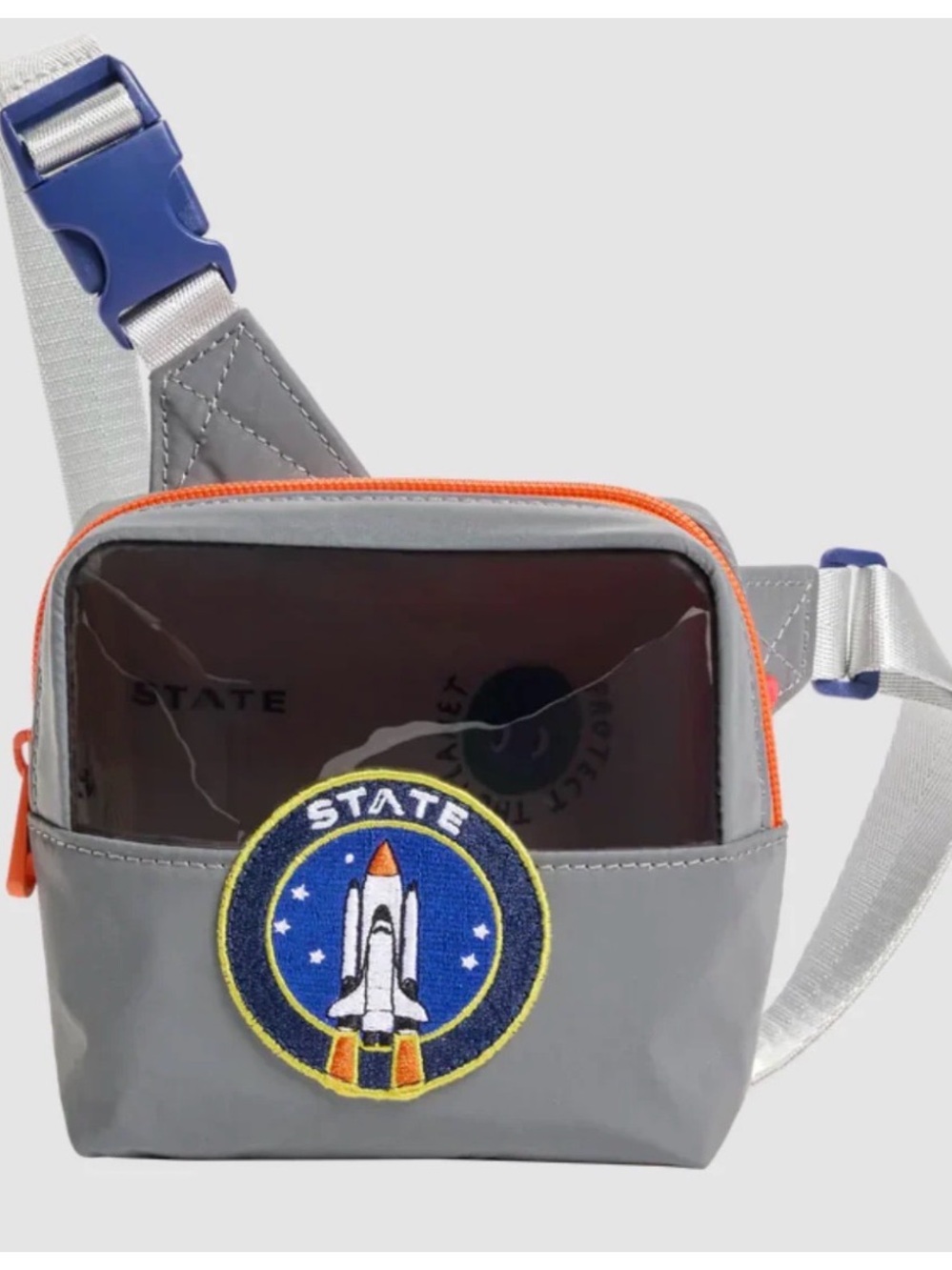 STATE Gray Belt Bag with Rocket Patch and Orange Trim